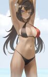  1girl absurdres armpits arms_up bikini black_bikini_bottom black_hair blonde_hair blue_eyes blush breasts cleavage criss-cross_halter crossed_bangs dark-skinned_female dark_skin dehya_(genshin_impact) genshin_impact hair_between_eyes hair_ears hair_intakes halterneck highres large_breasts long_hair looking_at_viewer me0i multicolored_hair navel parted_lips smile solo stomach streaked_hair sweat swimsuit thighs toned two-tone_bikini two-tone_hair wet 