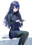  1girl ameno_(a_meno0) black_bodysuit blue_eyes blue_gloves blue_hair bodysuit breasts family_crest fingerless_gloves fire_emblem fire_emblem_awakening gloves long_hair looking_at_viewer lucina_(fire_emblem) ribbed_bodysuit single_fingerless_glove sitting small_breasts smile solo tiara white_background 