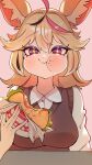  +_+ 1girl alternate_costume animal_ear_fluff animal_ears black_hair blonde_hair breasts brown_cardigan burger cardigan cardigan_vest casual chewing closed_mouth eating fast_food food food_in_mouth food_on_face fox_ears fox_girl hair_between_eyes hair_ornament highres holding holding_food hololive layered_clothes long_hair looking_at_viewer messy_hair multicolored_hair omaru_polka pink_hair purple_eyes shirt simple_background smile solo streaked_hair virtual_youtuber white_shirt yuuppi 