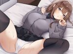  1girl bed_sheet black_shirt black_skirt black_thighhighs blush breasts brown_hair cameltoe cardigan grey_cardigan grey_eyes highres indoors large_breasts long_hair long_sleeves looking_at_viewer lying medium_hair norisukexxy on_back on_bed original panties parted_lips partially_visible_vulva pillow pleated_skirt shirt skirt solo spread_legs sweat thighhighs thighs underwear white_panties 