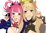  2girls blonde_hair breasts butterfly_hair_ornament celine_(fire_emblem) cleavage cleavage_cutout clothing_cutout crown facial_mark fire_emblem fire_emblem_engage green_eyes hair_ornament hair_rings hand_on_another&#039;s_face heart heart_facial_mark highres hortensia_(fire_emblem) long_sleeves mgnk33 multicolored_hair multiple_girls pink_eyes pink_hair two-tone_hair white_background 