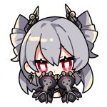  1girl chibi covered_mouth drill_hair earrings english_commentary gauntlets grey_hair hair_between_eyes honkai_(series) honkai_impact_3rd jewelry looking_at_viewer official_art prometheus_(honkai_impact) red_eyes solo upper_body weapon 