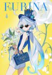  1girl ahoge alternate_costume bag bare_arms blue_eyes blue_hair blue_headwear blue_nails blue_shirt bouquet character_name cowboy_shot crop_top earrings floral_background from_side furina_(genshin_impact) genshin_impact handbag hat heart heart-shaped_eyewear highres holding holding_bouquet jewelry long_hair looking_at_viewer looking_to_the_side multicolored_hair nail_polish qingxin_gua_yu shirt shorts sleeveless sleeveless_shirt solo streaked_hair sunglasses top_hat two-tone_hair very_long_hair white_hair white_shorts yellow_background 