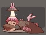  1girl animal closed_eyes commentary cowlick flying_saucer futon grey_background grey_shirt highres hugging_object light_particles lying on_stomach original pillow pillow_hug pink_hair rabbit shirt short_hair short_sleeves sleeping smile solo spacecraft spotlight takurada ufo under_covers 