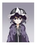  1other androgynous black_eyes black_hair black_headwear black_shirt closed_mouth collared_shirt commentary_request favnvs_(s910a_ib6) hat jacket len&#039;en looking_at_viewer open_clothes open_collar open_jacket other_focus purple_jacket shirt shitodo_kuroji short_hair solo upper_body 