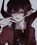  1boy black_hair black_vest bow bowtie brooch coat collared_shirt fingernails frown highres jewelry library_of_ruina long_sleeves looking_at_viewer male_focus moth_ram multicolored_hair nosferatu_(project_moon) open_mouth pointy_ears project_moon red_bow red_bowtie red_coat red_eyes red_hair sharp_fingernails shirt solo streaked_hair upper_body vampire vest white_shirt 