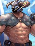  1boy abs bara belt black_gloves cowboy_shot draph food gloves granblue_fantasy highres ice_cream large_pectorals looking_to_the_side male_focus meatyexplosions muscular muscular_male navel nipples notice_lines official_alternate_costume pectorals solo stomach vaseraga_(summer)_(granblue_fantasy) 