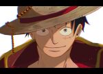  1boy black_hair closed_mouth commentary_request hat highres looking_at_viewer male_focus monkey_d._luffy one_piece scar scar_on_cheek scar_on_face short_hair simple_background smile solo straw_hat suzu_(suzuran_piece) v-shaped_eyebrows white_background 