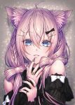  1girl animal_ear_fluff animal_ears bare_shoulders blue_eyes cat_ears cat_girl highres jewelry long_hair long_sleeves looking_at_viewer original pink_hair purple_nails ring routo_(rot_0) 