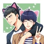  2boys :d ^_^ a3! animal_ears arm_around_shoulder black_hairband black_shirt blue_hair blush brown_jacket cat_ears closed_eyes commentary_request dark_blue_hair fake_animal_ears frown green_background green_hair hairband hand_up jacket lapels male_focus multiple_boys open_clothes open_jacket open_mouth outline paw_print purple_eyes raglan_sleeves shirt short_hair simple_background smile striped striped_shirt sweatdrop takato_tasuku tayu_(canary-san) teeth tsukioka_tsumugi two-tone_background two-tone_shirt undercut upper_body upper_teeth_only v v-shaped_eyebrows white_background white_outline white_shirt 