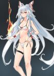  1girl absurdres ahoge bikini black_background bow breasts cleavage closed_mouth feet_out_of_frame fire fujiwara_no_mokou gradient_background grey_hair groin hair_bow highres kakaricho_dairi long_hair looking_at_viewer medium_breasts red_eyes solo swimsuit thigh_strap touhou very_long_hair white_bikini white_bow wristband 