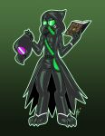  anthro avian beak belt bird book clothing coat drone gas_mask green_eyes hi_res holding_mask hood latex lettuce_(artist) male mask plague_doctor rubber rubber_clothing rubber_suit solo spellbook tarot_(sigmaw) topwear 