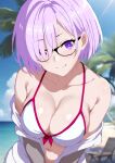  1girl absurdres bikini blurry blurry_background blush breasts cleavage curio_(curiofinity) fate/grand_order fate_(series) glasses hair_over_eyes hair_over_one_eye highres large_breasts light_purple_hair long_bangs looking_at_viewer mash_kyrielight navel off_shoulder outdoors purple_eyes purple_tail smile solo stomach swimsuit 