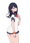  1girl absurdres ass black_hair black_skirt blue_eyes bow bowtie breasts cellphone defaultkavy gridman_universe gridman_universe_(film) highres holding holding_phone long_hair looking_at_viewer phone pleated_skirt red_bow school_uniform scrunchie shirt simple_background skirt smartphone solo takarada_rikka thighs wrist_scrunchie 