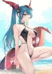  1girl azur_lane beach black_one-piece_swimsuit blue_hair blue_sky breasts choker dragon_horns eyewear_on_head highres horns large_breasts long_hair looking_at_viewer mechanical_horns mechanical_tail navel ocean on_one_knee one-piece_swimsuit one_eye_closed parted_lips pi_(p77777778) regensburg_(azur_lane) regensburg_(dark_dragon_brilliant_beach)_(azur_lane) sky slingshot_swimsuit solo spiked_choker spikes stomach strap_gap sunglasses swimsuit tail very_long_hair wet yellow_eyes 