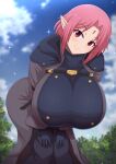  1girl blurry blurry_background blush breast_strap breasts buttons cloud coat facial_mark forehead_mark hands_on_own_thighs highres hood hood_down huge_breasts impossible_clothes kono_subarashii_sekai_ni_shukufuku_wo! pants pink_eyes pink_hair pointy_ears ponponmaru short_hair sky smile solo sparkle tree wolbach 