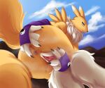  anthro anus bandai_namco blue_eyes breasts butt day digimon digimon_(species) female genitals hi_res looking_at_viewer omnii34 outside pussy renamon solo spread_pussy spreading yellow_body 