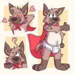  &lt;3 anthro barefoot blush briefs brown_body brown_eyes brown_fur brown_nose bulge cape clothed clothing eyes_closed feet fur gesture hi_res hyena male mammal mushketeery mushy_(mushketeteery) one_eye_closed open_mouth question_mark red_cape smile solo spots thumbs_up tighty_whities tongue_showing topless underwear white_briefs white_clothing white_underwear white_undrwear 