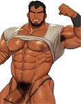  1boy abs armpit_hair armpits bara beard biceps black_hair censored closed_eyes clothes_lift facial_hair flaccid hairy highres kuromine_hiraya large_pectorals male_focus manly mature_male mosaic_censoring muscular muscular_male nipples original pectorals penis pubic_hair scar scar_on_face shirt shirt_lift short_hair simple_background smile solo teeth thick_arms thick_eyebrows thick_thighs thighs thong veins white_background 