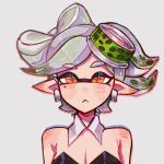  +_+ 1girl armpit_crease breasts cleavage earrings green_hair highres jewelry large_breasts marie_(splatoon) multicolored_hair pointy_ears ruinique short_hair simple_background solo splatoon_(series) splatoon_1 white_background white_hair yellow_eyes 