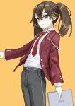  1girl alternate_costume black_pants brown_eyes brown_hair closed_mouth collared_shirt hair_between_eyes highres holding jacket kantai_collection long_hair long_sleeves looking_at_viewer necktie nito_(nshtntr) open_clothes open_jacket orange_background pants red_jacket red_necktie ryuujou_(kancolle) shirt simple_background solo twintails white_shirt yellow_background 