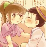  1boy 1girl ayachon. black_hair blouse bow breasts brown_eyes brown_hair green_bow hair_bow hat hetero kneeling looking_at_viewer matsuno_todomatsu medium_breasts osomatsu-san pink_shirt ponytail porkpie_hat sachiko_(osomatsu-san) shirt simple_background smile sweatdrop translation_request 