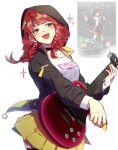  1girl black_choker black_jacket blunt_bangs braid bungou_stray_dogs choker cowboy_shot green_eyes guitar highres holding holding_guitar holding_instrument holding_plectrum hood hood_up instrument jacket long_hair long_sleeves lucy_maud_montgomery_(bungou_stray_dogs) mangseok_bsd open_mouth plectrum red_hair shirt skirt smile solo sparkle standing sweat twin_braids v-shaped_eyebrows white_background white_shirt yellow_skirt 