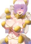  1girl animal_ears bare_shoulders blush breasts fake_animal_ears fate/grand_order fate_(series) fox_ears fox_girl fox_tail fur-trimmed_gloves fur-trimmed_legwear fur_trim gloves hair_between_eyes hair_over_one_eye highres kemurin large_breasts light_purple_hair looking_at_viewer mash_kyrielight mash_kyrielight_(dangerous_beast) navel open_mouth purple_eyes purple_hair short_hair simple_background smile solo standing tail thighhighs white_background 