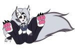  absurd_res anthro azuriemoonnsfw canid canid_demon canine clothing demon female female_focus fetter fingers fluffy fluffy_tail fur furry_tail gloves grey_body grey_fur handwear hellhound helluva_boss hi_res legwear looking_at_viewer looking_back loona_(helluva_boss) mammal open_mouth piercing presenting red_sclera simple_background solo solo_focus tail thigh_highs white_background white_eyes 