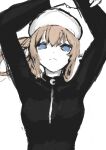 1girl absurdres arms_up baseball_cap black_shirt blonde_hair blue_eyes breasts closed_mouth commentary_request expressionless girls&#039;_frontline hat highres long_hair long_sleeves looking_at_viewer nisoichi scar-h_(girls&#039;_frontline) shirt simple_background solo turtleneck_bodysuit upper_body white_background 