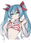  absurdres blue_eyes blue_hair bra collarbone commentary cropped_torso fish_pendant hair_ribbon half-closed_eyes hands_up hatsune_miku heart highres jewelry long_hair looking_at_viewer midriff navel octopus_hair_ornament pendant red_bra red_ribbon removing_bra ribbon sketch smile striped striped_bra twintails umi_no_searchlight_(vocaloid) underwear upper_body very_long_hair vocaloid white_background yuki_miku yuki_miku_(2022) yukia_1128 