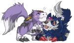  anthro bandai_namco blep blue_body blue_fur blush canid canine canis claws digimon digimon_(species) dorumon duo feral forehead_gem fur loogamon male mammal nuzzling portugueselynx purple_body purple_fur smile tongue tongue_out wolf x-digimon 