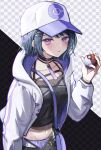  1girl baseball_cap black_choker black_shirt black_skirt blue_hair blush choker crop_top hat highres holding holding_poke_ball jacket koshimizu_toru koshimizu_toru_(1st_costume) mole mole_under_eye multicolored_clothes multicolored_headwear nijisanji open_clothes open_jacket poke_ball pokemon pokemon_(game) pokemon_bw purple_eyes shirt short_hair skirt solo takayou triangle_hair_ornament virtual_youtuber white_jacket 