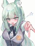  1girl :d absurdres animal_ear_fluff animal_ears arknights black_bow blush bow breasts cardigan collared_shirt commentary_request dress_shirt fang green_eyes green_hair grey_background grey_cardigan harmonie_(arknights) highres long_hair looking_at_viewer medium_breasts morita_(pixiv31883607) outstretched_arm shirt simple_background smile solo star_(symbol) upper_body v very_long_hair white_shirt 
