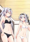  2girls black_bra black_hairband black_panties bow bow_bra bow_panties bra breasts closed_mouth commission crotch_seam fuyutsuki_(kancolle) grey_eyes grey_hair hairband highres indoors kakizaki_(chou_neji) kantai_collection light_frown long_hair looking_at_viewer medium_breasts multiple_girls navel one_side_up open_mouth panties pixiv_commission short_hair small_breasts standing suzutsuki_(kancolle) two_side_up underwear underwear_only white_bra white_hairband white_panties 