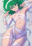  1girl absurdres ass_visible_through_thighs bandages cowboy_shot daniel_deves flat_chest genos green_eyes green_hair grey_background hands_up highres looking_at_viewer mummy_costume naked_bandage navel one-punch_man saitama_(one-punch_man) short_hair simple_background sketch smile solo tatsumaki thigh_gap 
