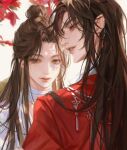  2boys androgynous artist_name back bishounen brown_hair chinese_clothes cjsrhkstkqhr123 commentary couple earrings eyelashes eyepatch flower hair_ornament hair_over_one_eye half_updo hanfu hua_cheng jewelry korean_commentary leaf light_smile long_hair male_focus maple_leaf multiple_boys outdoors parted_bangs pointy_ears red_eyes ribbon ring sidelocks silver_trim smile tianguan_cifu very_long_hair white_background xie_lian yaoi 