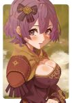  1girl alternate_breast_size bernadetta_von_varley blush bow breasts cleavage cleavage_cutout clothing_cutout earrings epaulettes fire_emblem fire_emblem:_three_houses gbbgb321 grey_eyes hair_bow hair_ornament highres jewelry large_breasts long_sleeves looking_at_viewer open_mouth parted_lips purple_hair shiny_skin short_hair solo tassel tassel_earrings 
