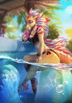  2023 5_fingers absurd_res alcohol anthro artist_name beverage bikini blue_eyes blurred_background breasts bubble clothing cocktail detailed_background digital_drawing_(artwork) digital_media_(artwork) dorsal_fin equid equine eyebrows eyelashes female fin fingers fish head_fin hi_res holding_glass holding_object hooves hybrid kayfoxii leg_fins long_ears long_tail looking_at_viewer mammal marine narrowed_eyes navel orange_body outside palm_tree partially_submerged pegalathemoth_(character) plant red_sclera seahorse signature sitting solo straw swimwear syngnathid syngnathiform tail tail_fin topwear tree water wet wet_body 