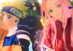  1girl 2boys black_gloves blonde_hair blue_eyes chinese_commentary commentary_request facial_mark forehead_protector frown gloves green_eyes green_vest haruno_sakura hatake_kakashi headband jacket konohagakure_symbol lens_flare multiple_boys naruto naruto_(series) niku_(ni23ku) orange_jacket pink_hair pov smile uzumaki_naruto vest whisker_markings 