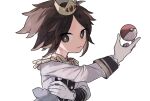  1boy brown_eyes brown_hair crown epaulettes gloves looking_at_viewer male_focus nate_(champion)_(pokemon) nate_(pokemon) official_alternate_costume poke_ball poke_ball_(basic) pokemon pokemon_masters_ex simple_background solo upper_body white_background white_gloves zui_fz 
