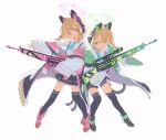  2girls absurdres animal_ear_headphones animal_ears black_shorts black_skirt black_thighhighs blonde_hair blue_archive cat_ear_headphones closed_mouth coat fake_animal_ears full_body green_eyes gun halo headphones highres holding holding_gun holding_weapon long_sleeves looking_at_viewer midori_(blue_archive) momoi_(blue_archive) multiple_girls open_clothes open_coat open_mouth pink_eyes shirt shorts siblings simple_background sisters skirt sleeves_past_wrists thighhighs twins weapon white_background white_coat white_shirt yuyin_(uzrv7533) 