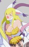  1girl angewomon animal_ears animal_hands asymmetrical_sleeves bare_shoulders belt blonde_hair cat_ears cat_paws closed_eyes clothing_cutout cropped detached_sleeves digimon dress fangs hagoromo highres leaning_forward long_hair open_mouth rae_(hexedwithluck) shawl solo stomach_cutout thigh_belt thigh_strap upper_body white_dress 