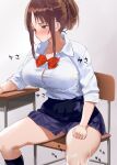  1girl blue_eyes blue_skirt bouncing_breasts bow bowtie breasts brown_hair button_gap chair closed_mouth collared_shirt commentary_request grey_background kaisen_chuui large_breasts motion_lines on_chair original red_bow red_bowtie shirt short_hair sidelocks sitting skirt solo table thighs white_shirt 