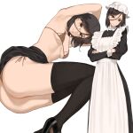  apron armpits ass bikini black_eyes black_hair black_thighhighs breasts clothes_lift crossed_arms expressionless glasses hair_between_eyes head_tilt high_heels highres legs_together looking_at_viewer maid medium_hair original puffy_sleeves simple_background skirt skirt_lift smile solo swimsuit thighhighs throtem underboob white_background 