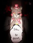  &lt;3 animatronic anthro bear black_body black_fur bow_tie clothing dialogue digital_media_(artwork) five_nights_at_freddy&#039;s freddy_fazbear&#039;s_pizzeria_simulator fur grey_body grey_fur hat headgear headwear hornbunxx lefty_(fnaf) machine male mammal missing_eye narrowed_eyes robot scottgames shush smile solo speech_bubble text top_hat watermark yellow_eyes 