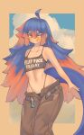  blue_hair clothing female flat_chested hair hi_res humanoid multicolored_hair navel orange_eyes pincerpencil pink_hair solo standing tail text text_on_clothing thick_thighs unknown_character wide_hips 