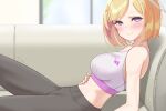  1girl aki_rosenthal artist_name bare_shoulders blonde_hair blue_eyes blush bob_cut breasts character_name closed_mouth couch from_side grey_pants hand_on_own_stomach harry_(dudwofla) headgear highres hololive large_breasts looking_at_viewer lying midriff on_back pants parted_bangs smile solo sportswear sweatdrop tank_top virtual_youtuber white_tank_top yoga_pants 