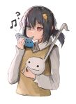  1girl ? absurdres advarcher beamed_eighth_notes black_hair blue_eyes blush collared_shirt cropped_torso eighth_note hair_between_eyes heterochromia highres holding holding_instrument instrument long_sleeves low_twintails musical_note ocarina original puffy_long_sleeves puffy_sleeves red_eyes shirt short_twintails simple_background sleeves_past_wrists solo sweater_vest twintails upper_body white_background white_shirt 