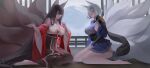  2girls absurdly_long_hair absurdres akagi_(azur_lane) akagi_(dawn_phoenix&#039;s_summons)_(azur_lane) animal_ears arm_guards axicoi azur_lane bare_shoulders blue_dress blue_eyes breasts brown_dress brown_tail chinese_clothes cleavage dress fox_ears fox_girl fox_tail hanfu highres japanese_clothes kaga_(azur_lane) kaga_(dusk-simurgh&#039;s_vigil)_(azur_lane) kimono kitsune kyuubi large_breasts large_tail long_hair looking_at_viewer microdress multiple_girls multiple_tails official_alternate_costume red_kimono short_hair sideboob tail very_long_hair white_hair white_tail 